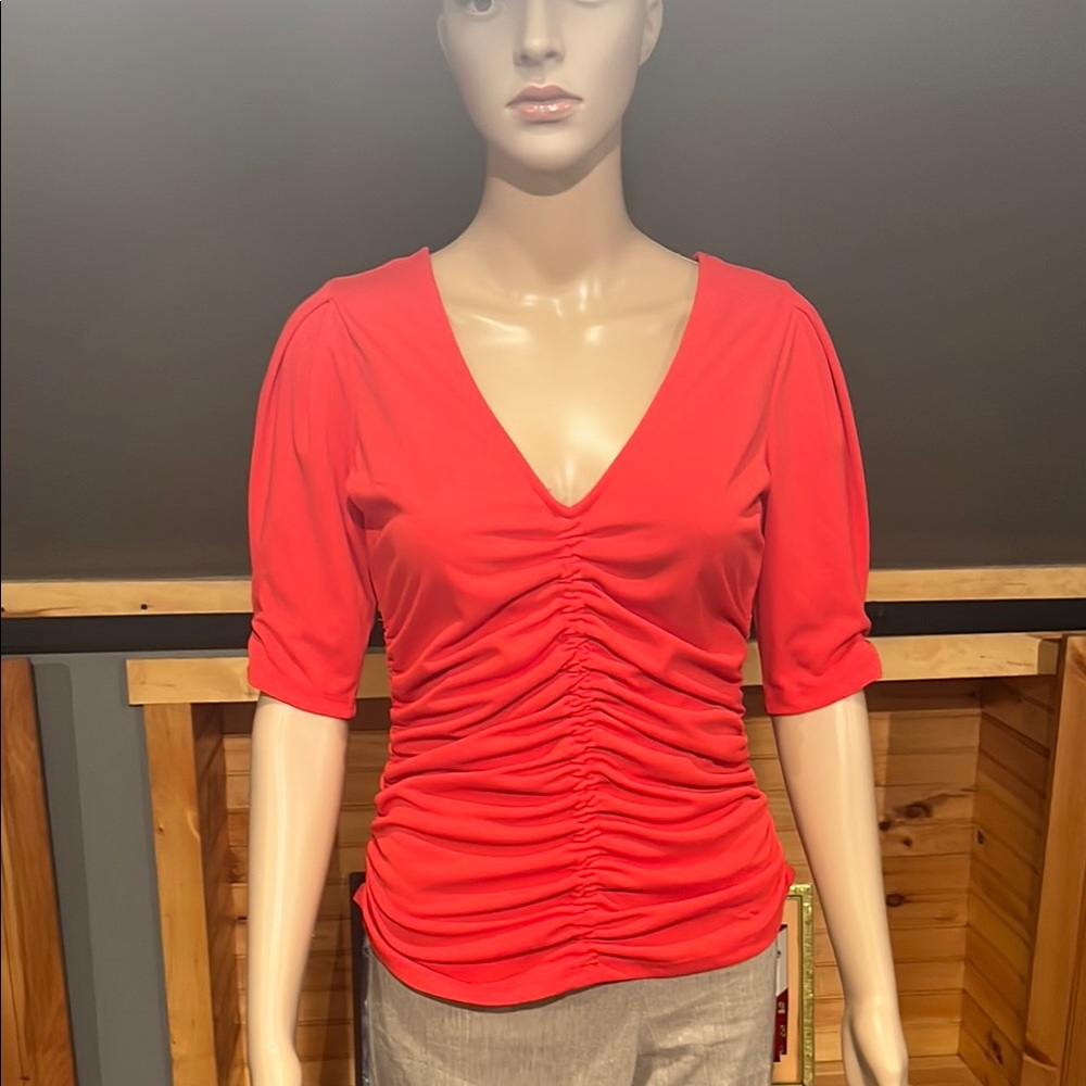 DKNYC Red Ruched Blouse